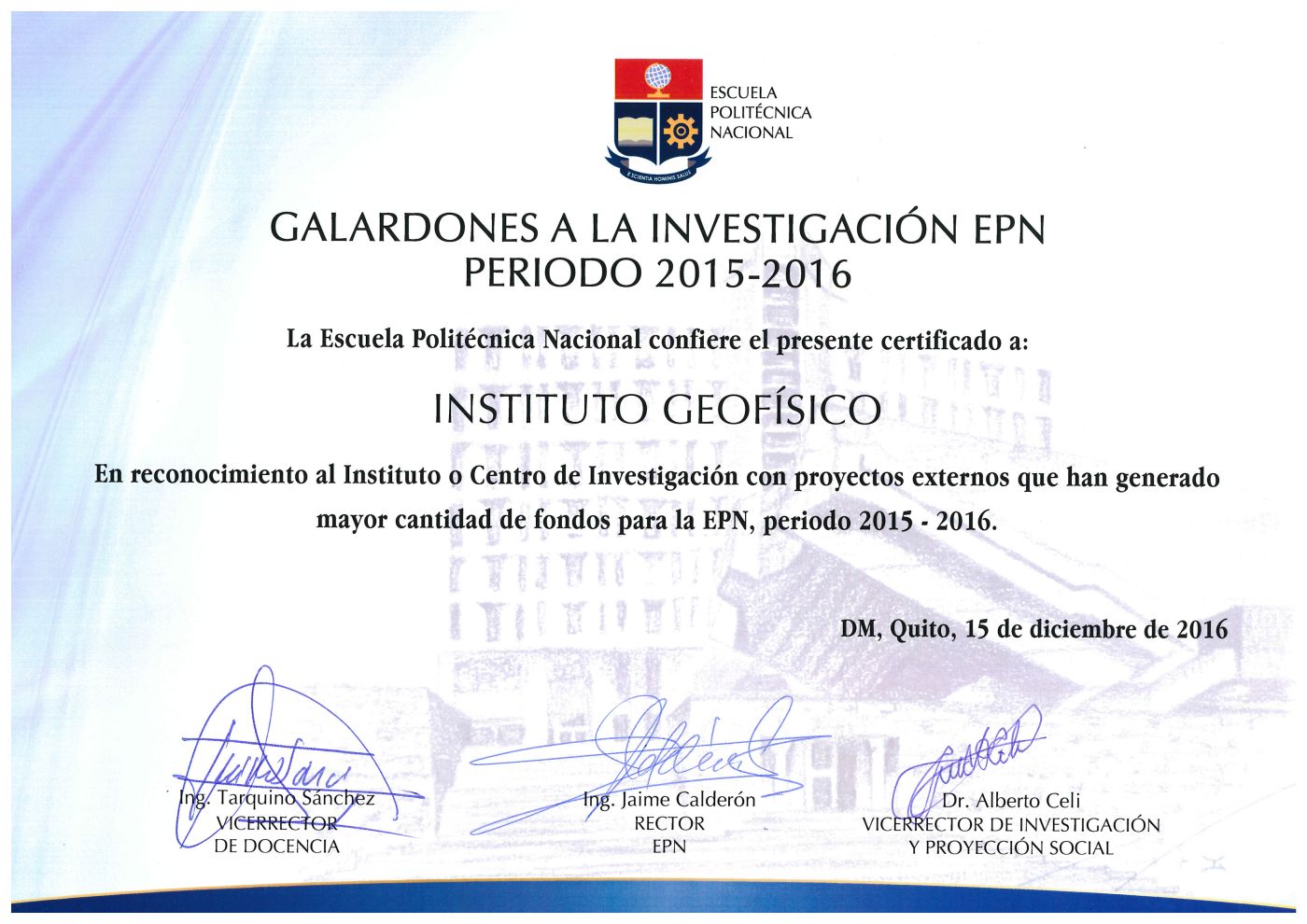 La EPN premia al IGEPN por excelencia en participación en proyectos externos y producción científica