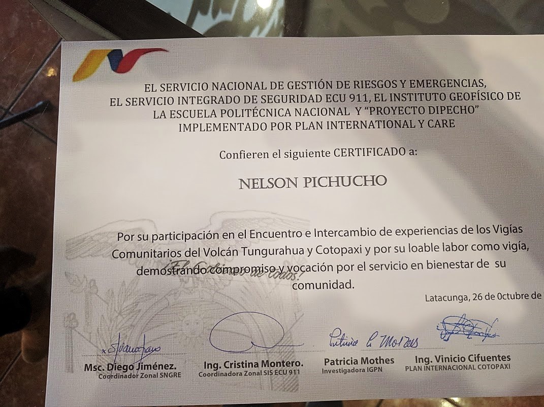 Participación en el Encuentro e Intercambio de Experiencias de los Vigías Comunitarios del Volcán Tungurahua y Cotopaxi