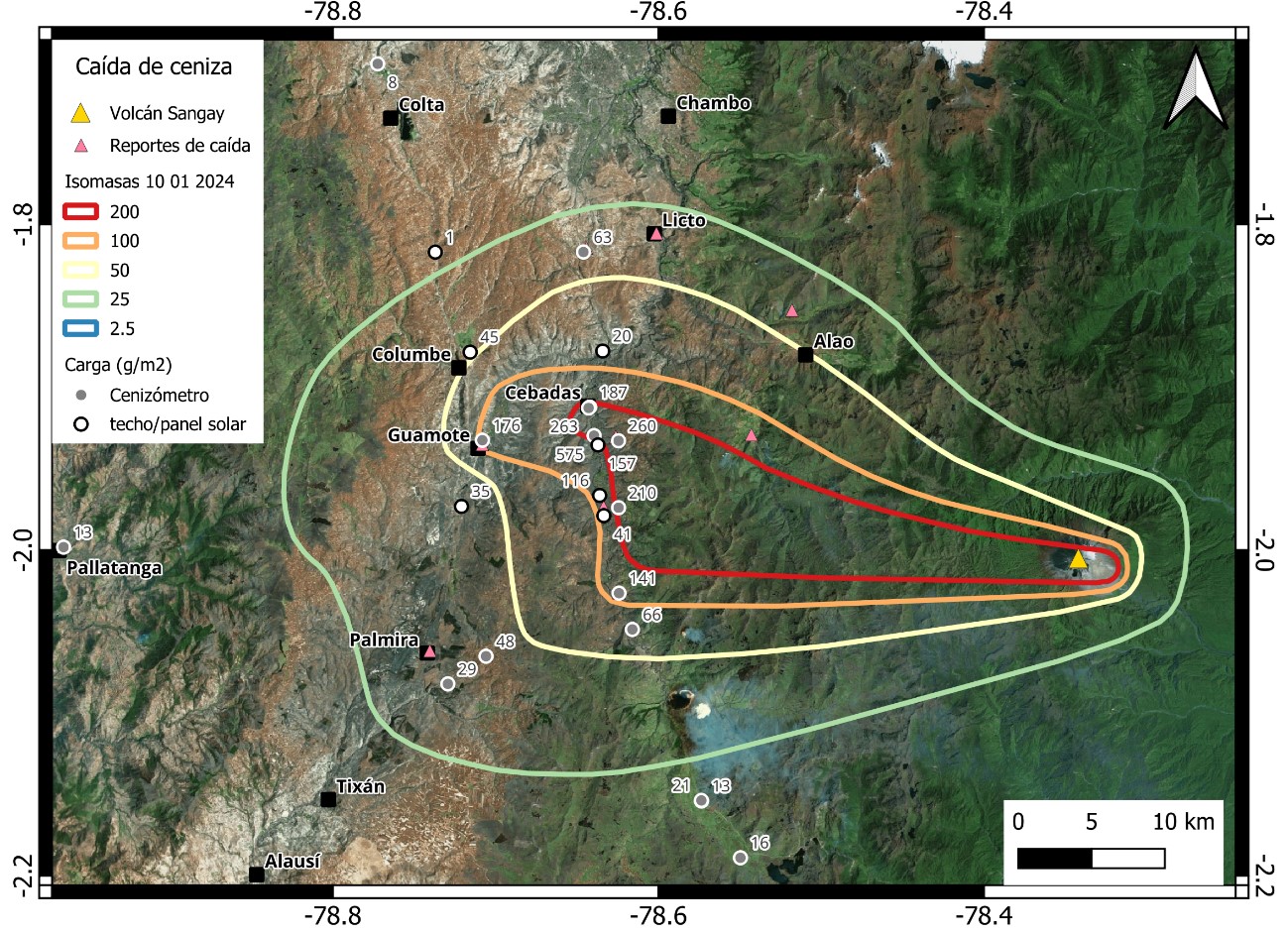 Reporte de campo sobre la caída de ceniza en la provincia de Chimborazo asociada a la erupción del volcán Sangay del 06-07-01-2024