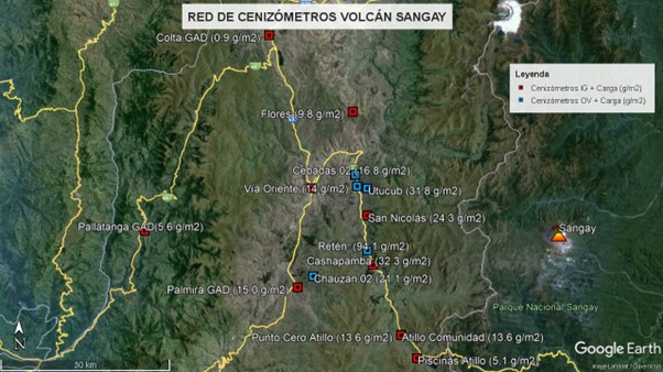 Recolección de ceniza y mantenimiento de la red de cenizómetros del volcán Sangay, en la provincia de Chimborazo