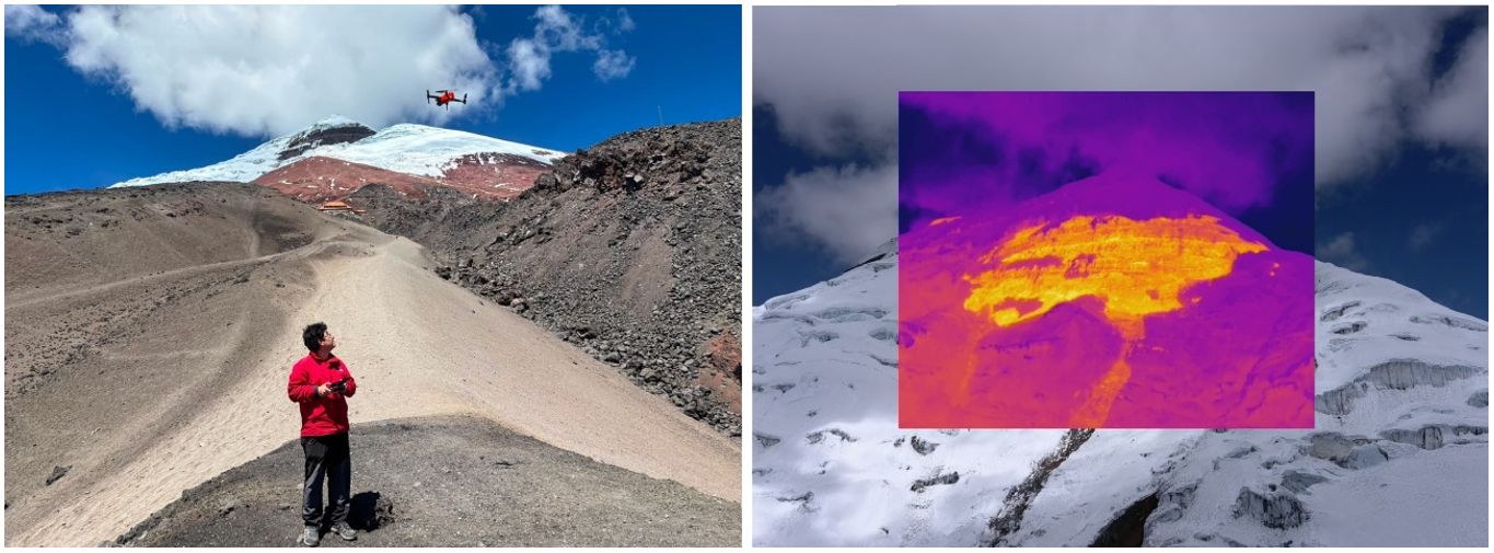 Muestreo de vertientes de agua en el volcán Cotopaxi y sobrevuelos con dron