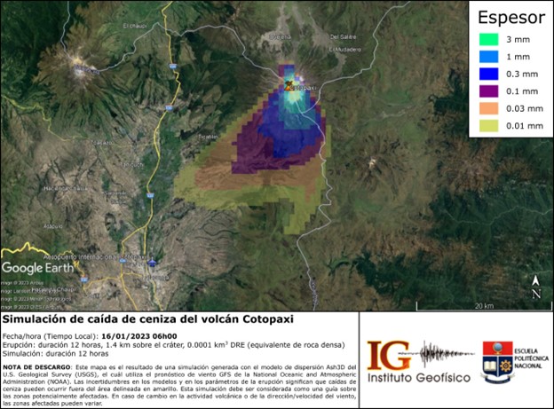 Publicación de simulaciones diarias de dispersión y caída de ceniza para el volcán Cotopaxi